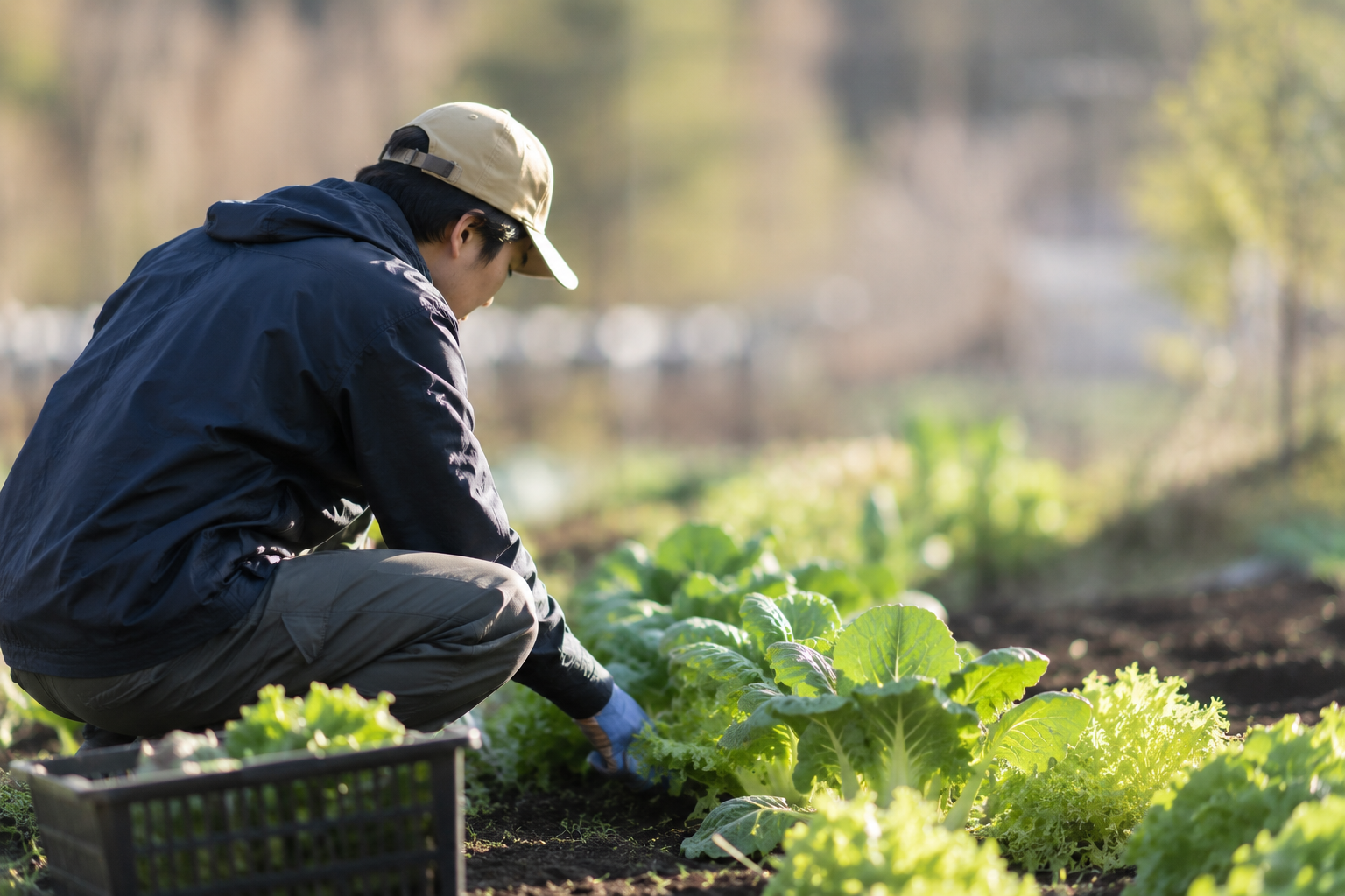 新規就農者が小規模な畑で野菜の手入れをしている様子のイメージ画像